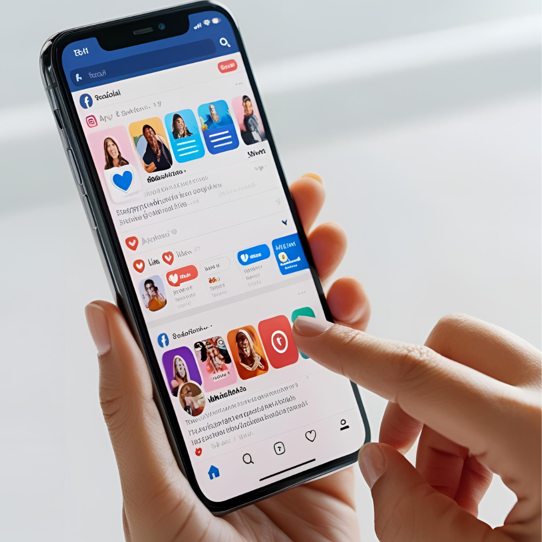 Close-up of a modern smartphone displaying a social media feed, with engaging posts, likes, and comments visible. Bright, clean background, vibrant screen, and a finger about to tap a post. Emphas (2)